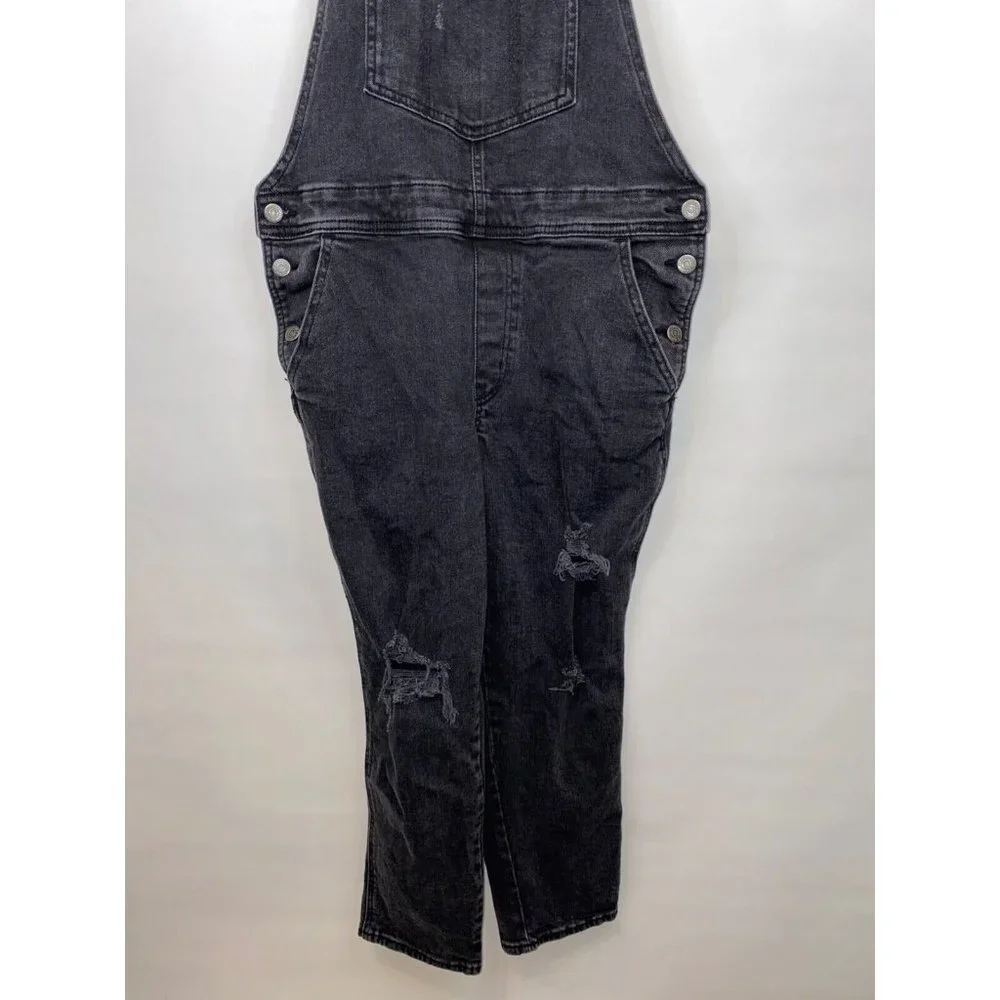 Old Navy Women's Size 12 Petite OG Straight Black Ripped Jean Overalls GUC - Picture 5 of 8